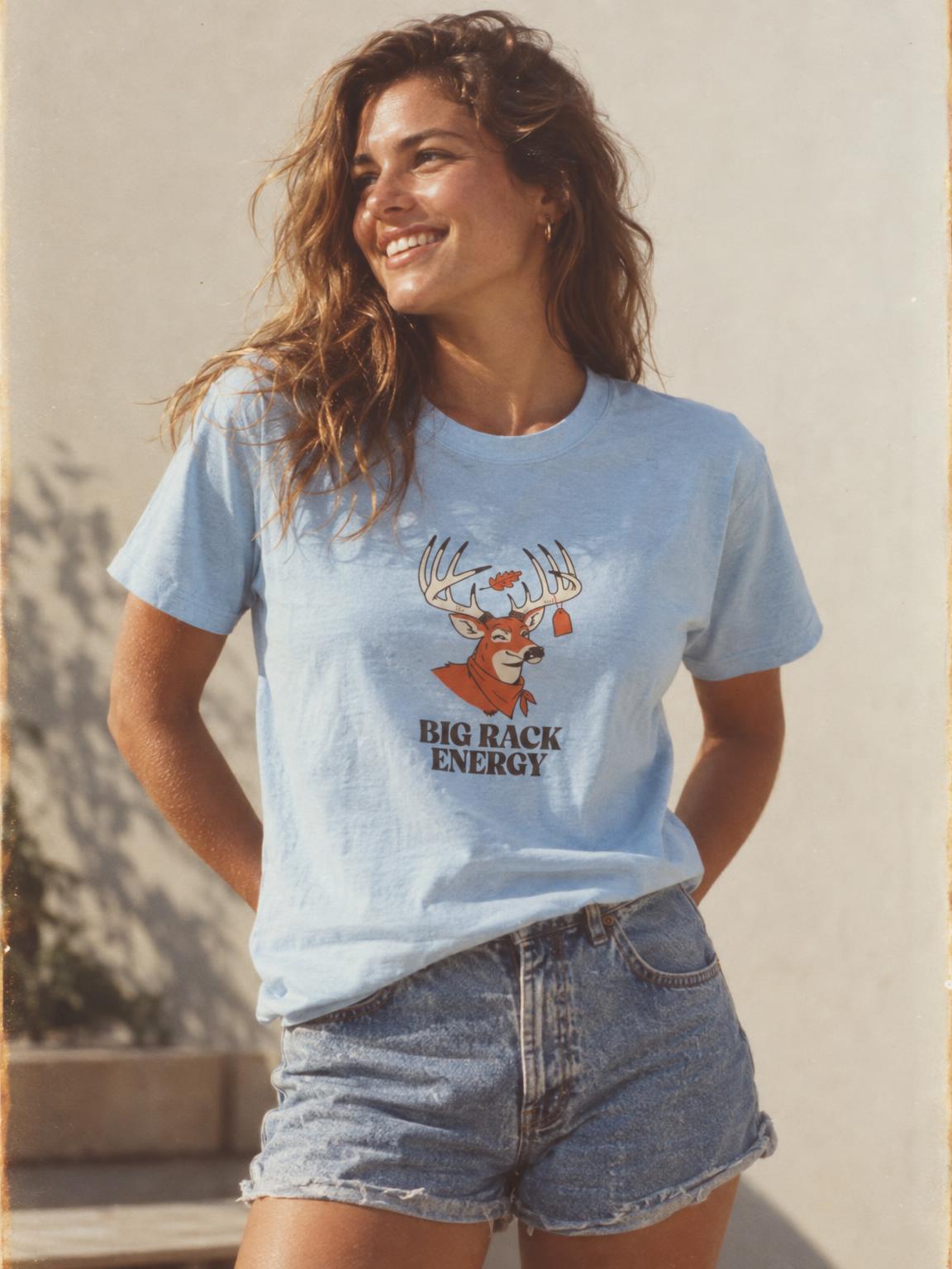 Big Rack Energy Funny Deer Hunting T-Shirt for Buck Season in Light Blue – worn by a woman