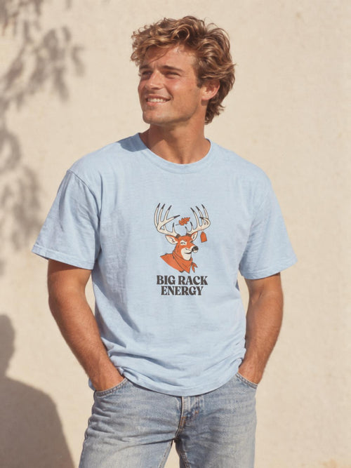 Big Rack Energy Funny Deer Hunting T-Shirt for Buck Season in Light Blue – worn by a man