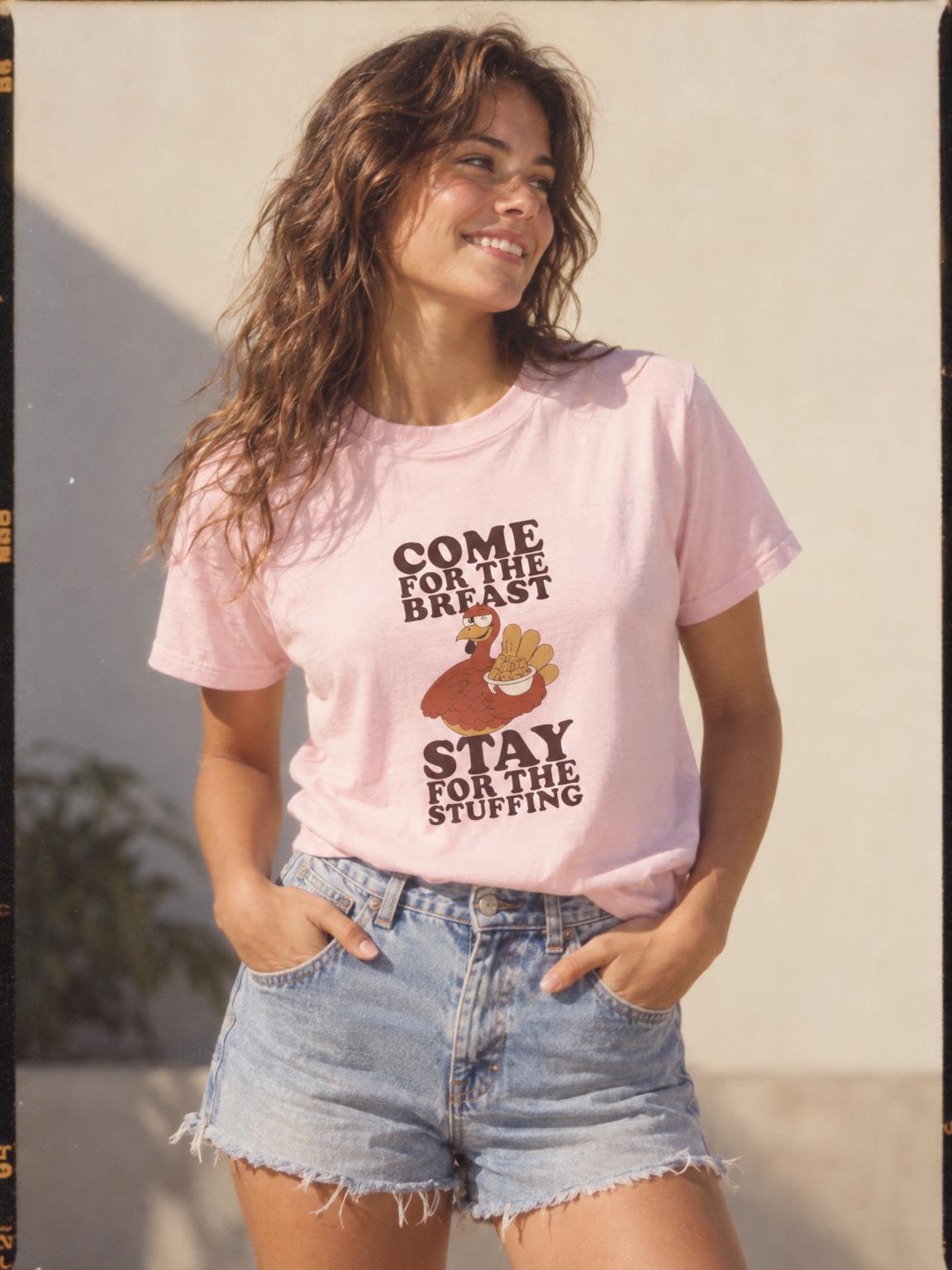 Friendsgiving Turkey Stuffing Funny Thanksgiving Dinner T-Shirt in Light Pink – worn by a woman