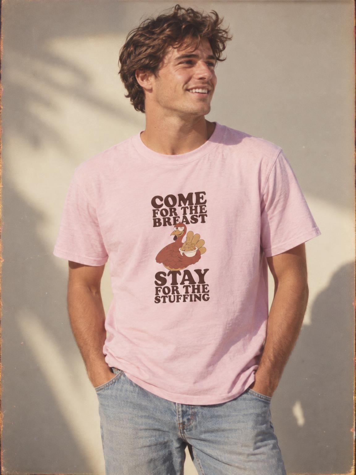 Friendsgiving Turkey Stuffing Funny Thanksgiving Dinner T-Shirt in Light Pink – worn by a man