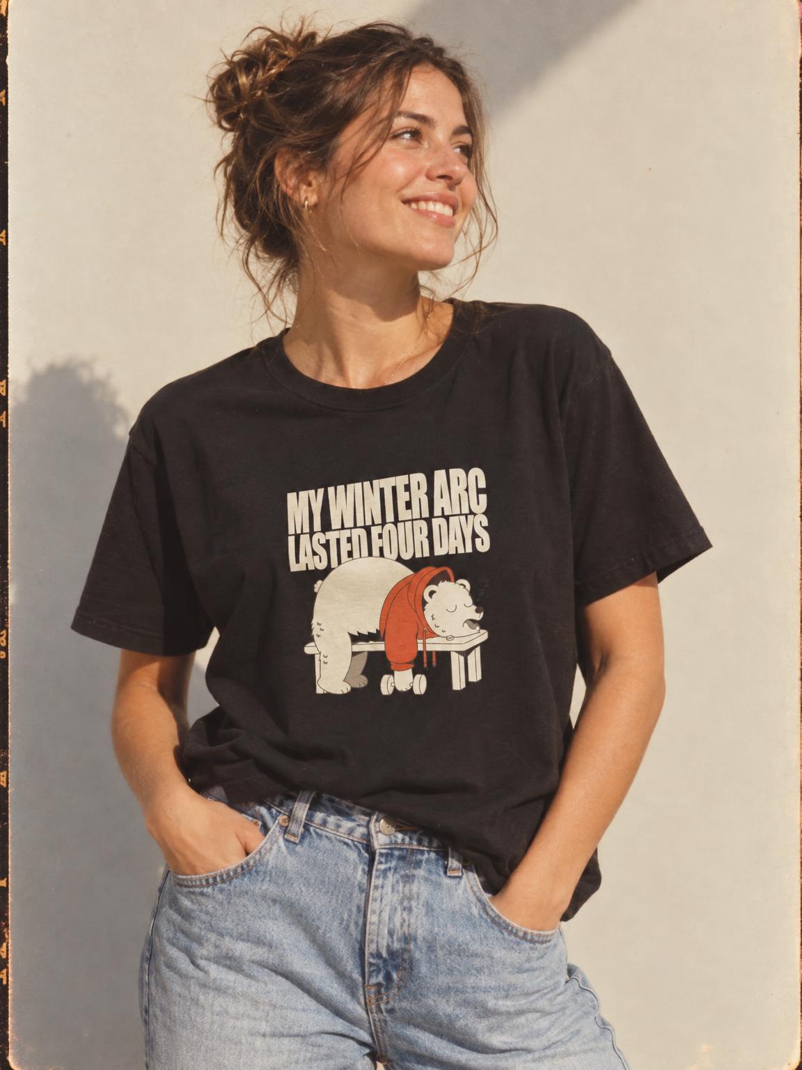 My Winter Arc Lasted Four Days Funny Gym Bear T-Shirt in Black – worn by a woman