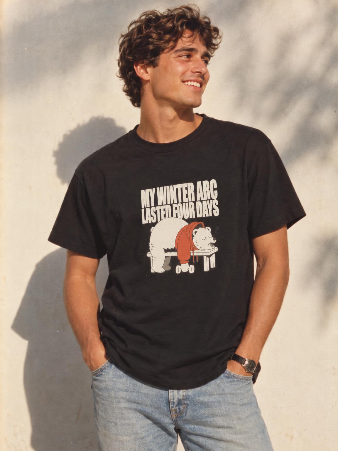 My Winter Arc Lasted Four Days Funny Gym Bear T-Shirt in Black – worn by a man