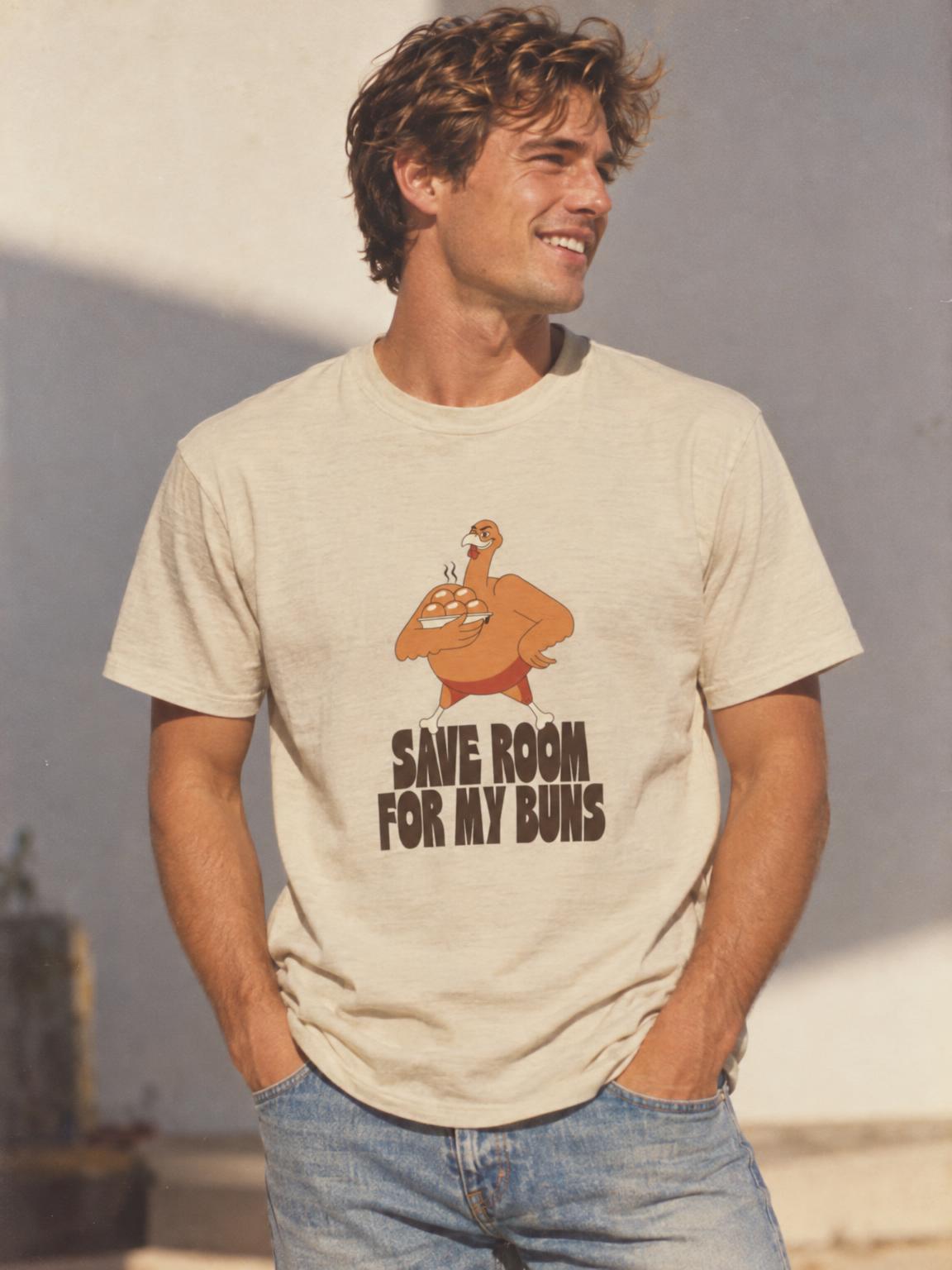 Save Room For My Buns Funny Thanksgiving T-Shirt in Sand – worn by a man