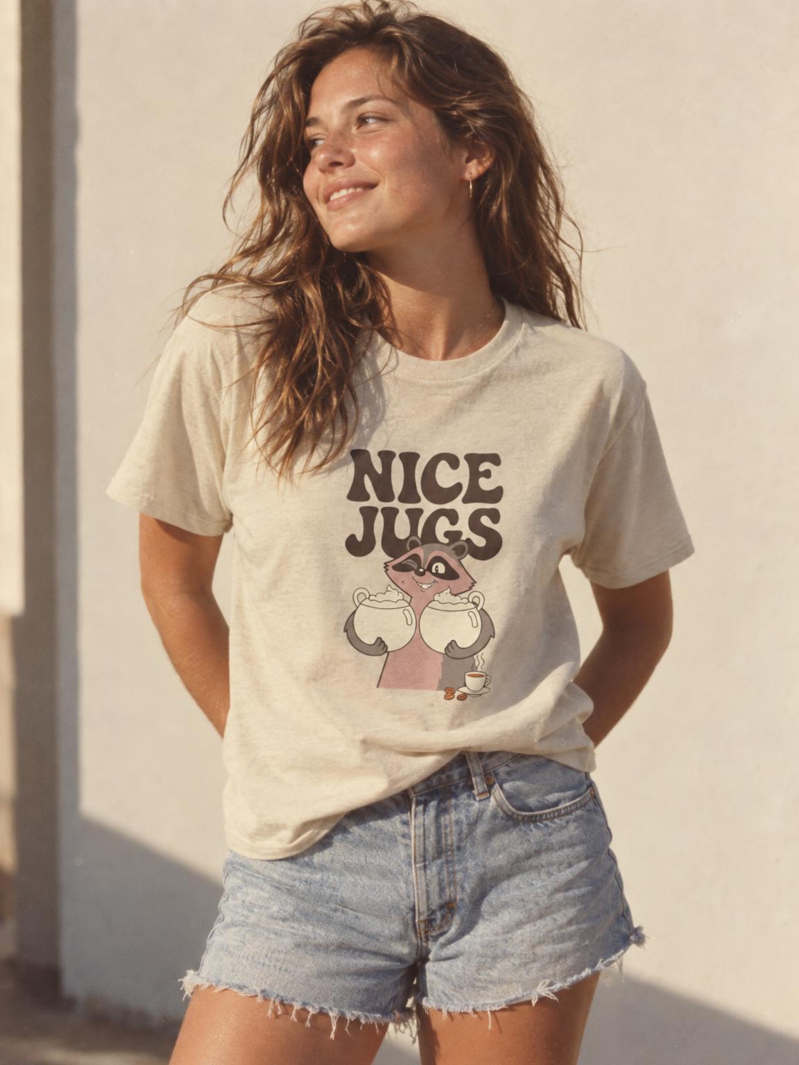 Raccoon Coffee Nice Jugs Funny Barista Innuendo T-Shirt in Sand – worn by a woman