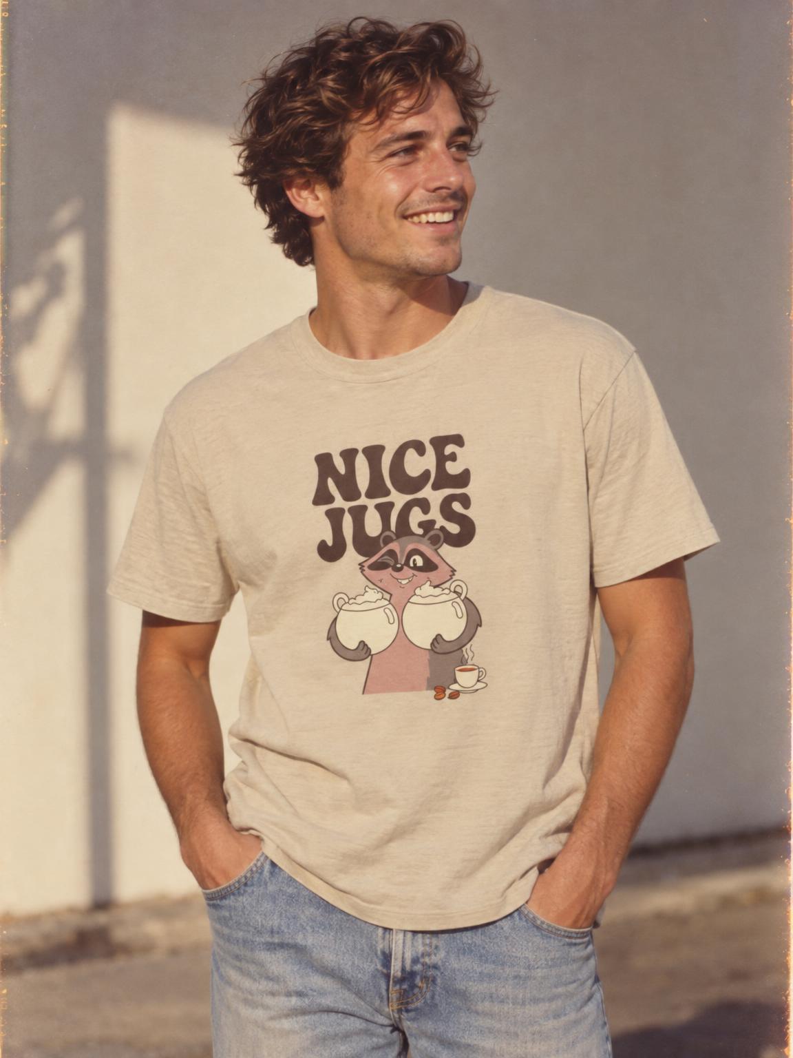 Raccoon Coffee Nice Jugs Funny Barista Innuendo T-Shirt in Sand – worn by a man